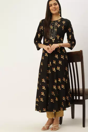 women's ankle length round neck coffee brown embellished a-line kurta