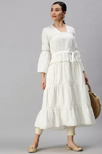 women's calf length square neck white solid anarkali kurta