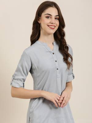 women's calf length mandarin collar grey solid straight kurta 2
