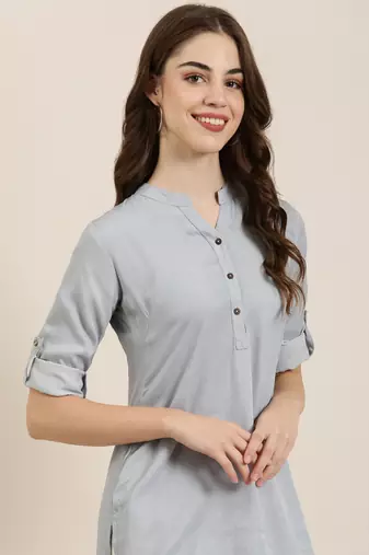 women's calf length mandarin collar grey solid straight kurta