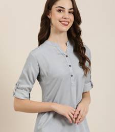 women's calf length mandarin collar grey solid straight kurta