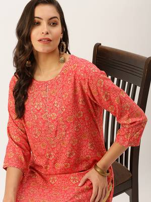 women's calf length round neck pink floral straight kurta 1