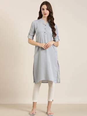 women's calf length mandarin collar grey solid straight kurta 1