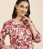 women's calf length round neck white floral a-line kurta