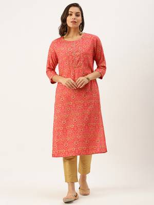 women's calf length round neck pink floral straight kurta 2