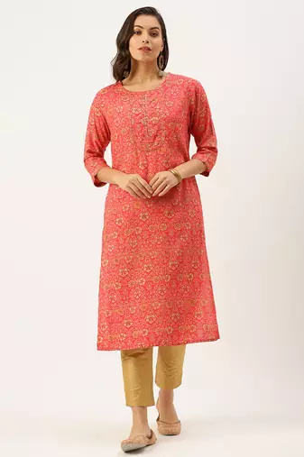 women's calf length round neck pink floral straight kurta