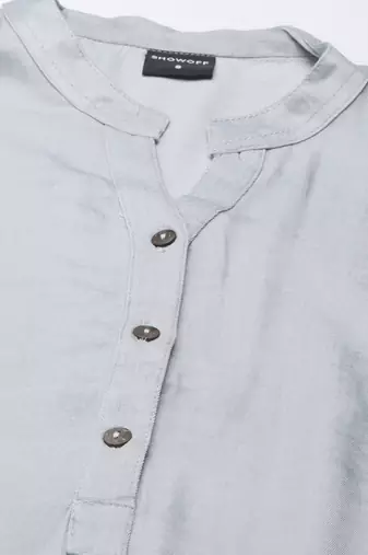 women's calf length mandarin collar grey solid straight kurta