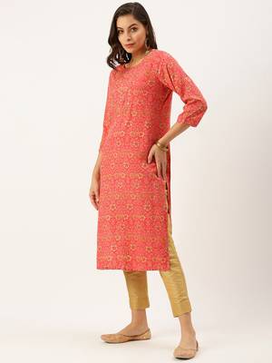 women's calf length round neck pink floral straight kurta 3