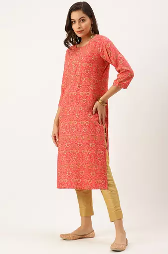 women's calf length round neck pink floral straight kurta