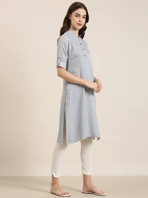 women's calf length mandarin collar grey solid straight kurta 4