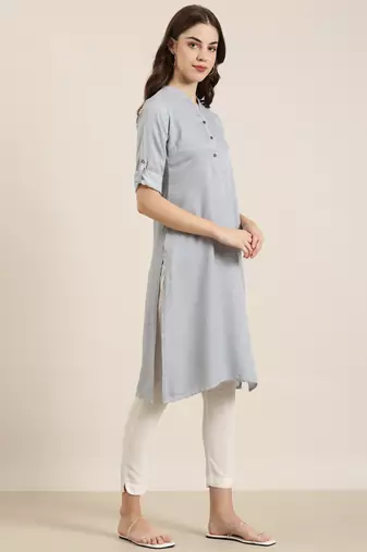 women's calf length mandarin collar grey solid straight kurta