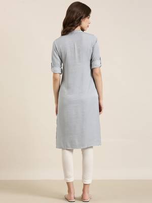 women's calf length mandarin collar grey solid straight kurta 5
