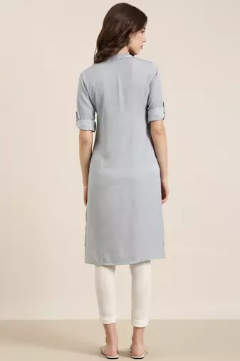 women's calf length mandarin collar grey solid straight kurta