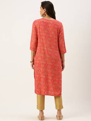 women's calf length round neck pink floral straight kurta 4