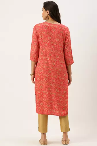 women's calf length round neck pink floral straight kurta