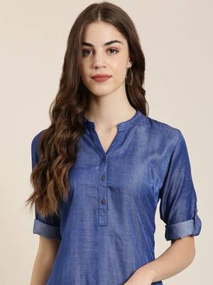 women's calf length mandarin collar navy blue solid straight kurta 2