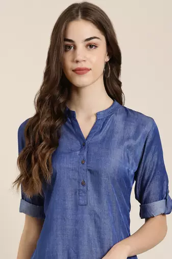 women's calf length mandarin collar navy blue solid straight kurta
