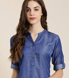 women's calf length mandarin collar navy blue solid straight kurta