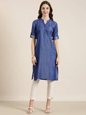women's calf length mandarin collar navy blue solid straight kurta 1