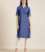 women's calf length mandarin collar navy blue solid straight kurta