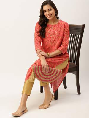 women's calf length round neck pink floral straight kurta 5