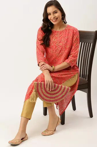 women's calf length round neck pink floral straight kurta