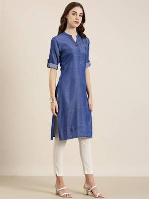 women's calf length mandarin collar navy blue solid straight kurta 4