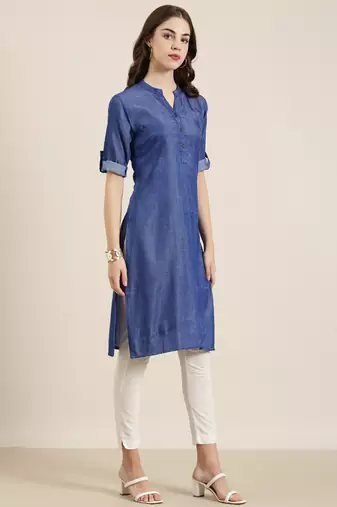 women's calf length mandarin collar navy blue solid straight kurta