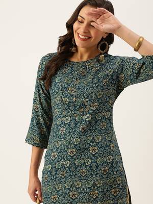 women's calf length round neck teal floral straight kurta 1