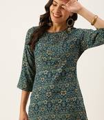 women's calf length round neck teal floral straight kurta