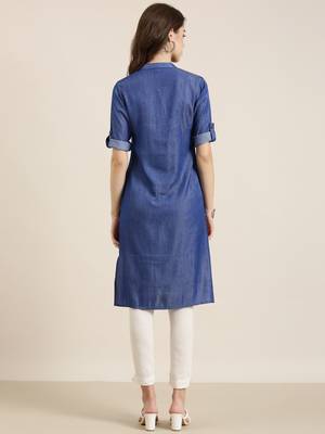 women's calf length mandarin collar navy blue solid straight kurta 5