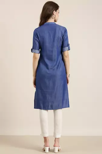 women's calf length mandarin collar navy blue solid straight kurta
