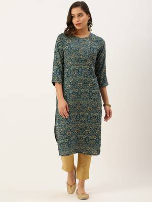 women's calf length round neck teal floral straight kurta 2