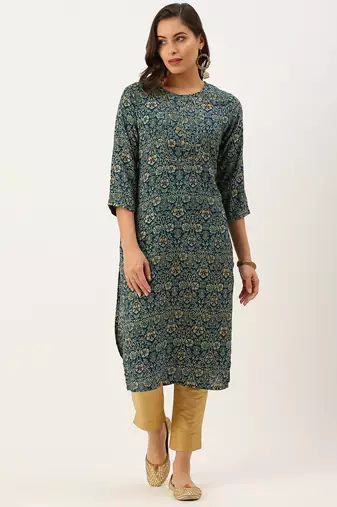 women's calf length round neck teal floral straight kurta