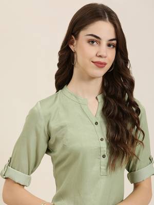 women's calf length mandarin collar olive solid straight kurta 2