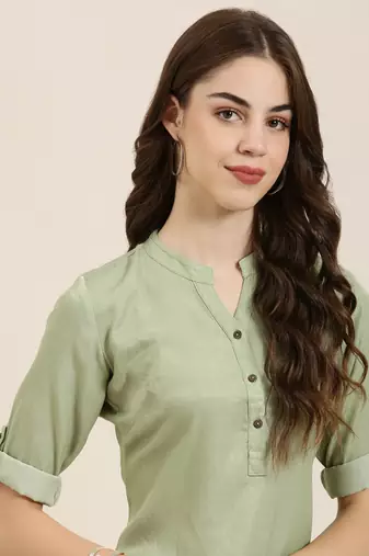 women's calf length mandarin collar olive solid straight kurta