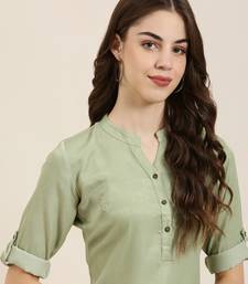 women's calf length mandarin collar olive solid straight kurta