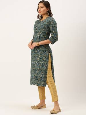 women's calf length round neck teal floral straight kurta 3