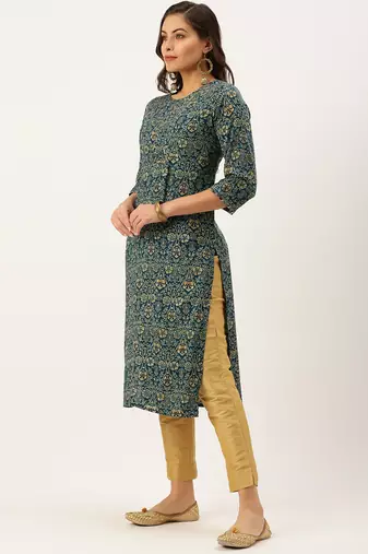 women's calf length round neck teal floral straight kurta