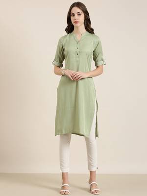 women's calf length mandarin collar olive solid straight kurta 1