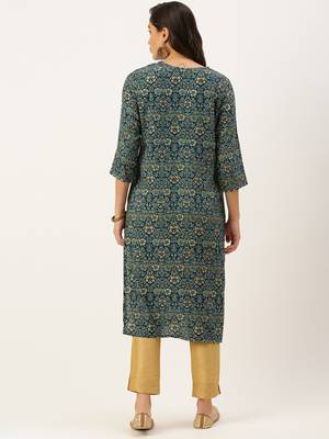 women's calf length round neck teal floral straight kurta 4