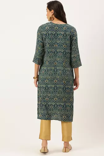 women's calf length round neck teal floral straight kurta