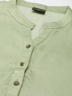 women's calf length mandarin collar olive solid straight kurta 3