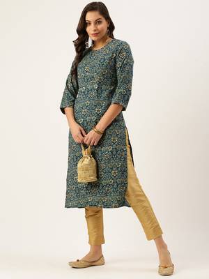 women's calf length round neck teal floral straight kurta 5
