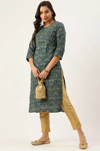 women's calf length round neck teal floral straight kurta