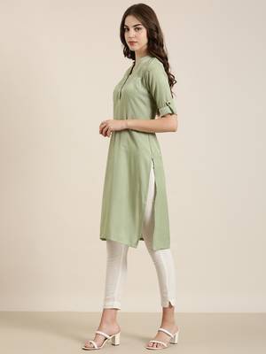 women's calf length mandarin collar olive solid straight kurta 4