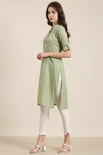 women's calf length mandarin collar olive solid straight kurta