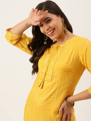women's calf length round neck yellow bandhani straight kurta 1