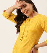 women's calf length round neck yellow bandhani straight kurta