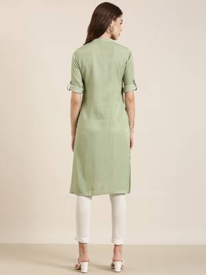 women's calf length mandarin collar olive solid straight kurta 5